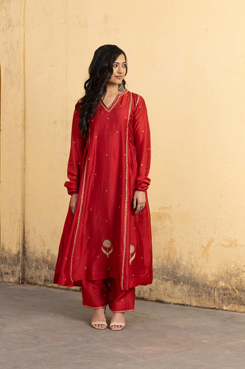 Red Chanderi Three Kali Embroidered Kurta Set