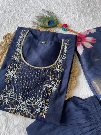 Premium Roman Silk Navy Blue colour Designers Kurti Pent Dupatta Set